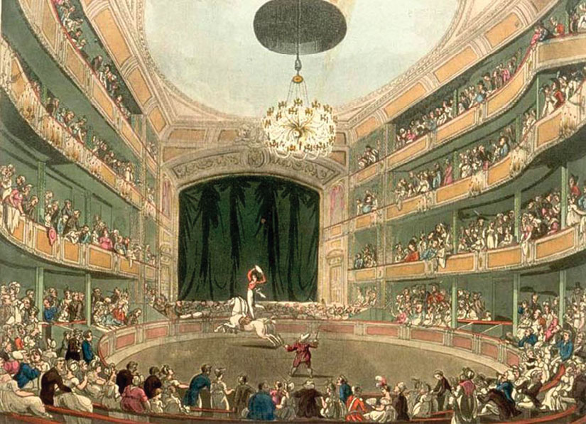 Astley’s Amphitheatre in 1807. Aquatint print by Augustus Pugin and Thomas Rowlandson for Rudolph Ackermann’s Microcosm of London (1807)—Dominique Jando Collection. Image is taken from Circopedia.